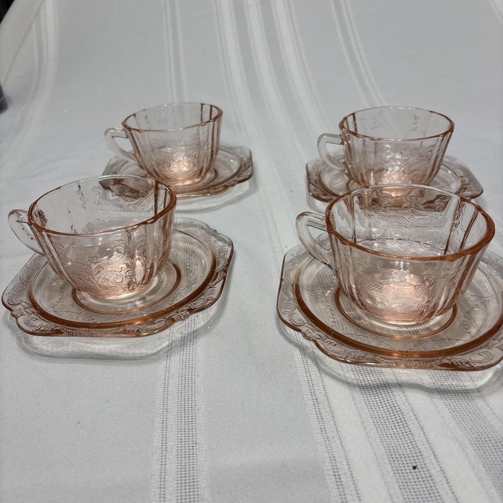 Federal Glass Madrid Pink ‎ Tea Cups and Saucers, Depression Glass, Set of 4